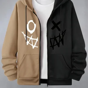 Sweat à capuche bicolore homme avec motif graphique décontracté fermeture éclair