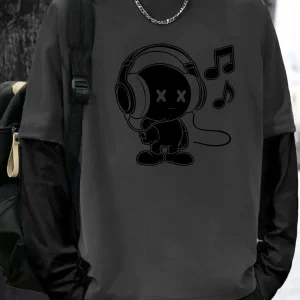 T-shirt Homme Manches Longues Superposées Motif Cartoon Casque Musique