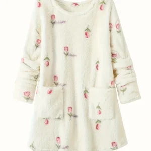 Robe de Nuit Molletonnée Femme Crème à Motifs Floraux Manches Longues