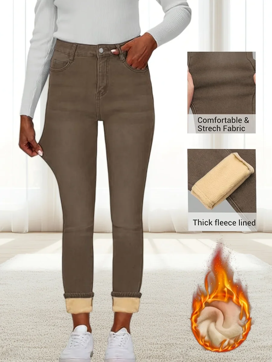 Pantalon doublé polaire pour femme marron, coupe slim, taille haute - Imagen 4