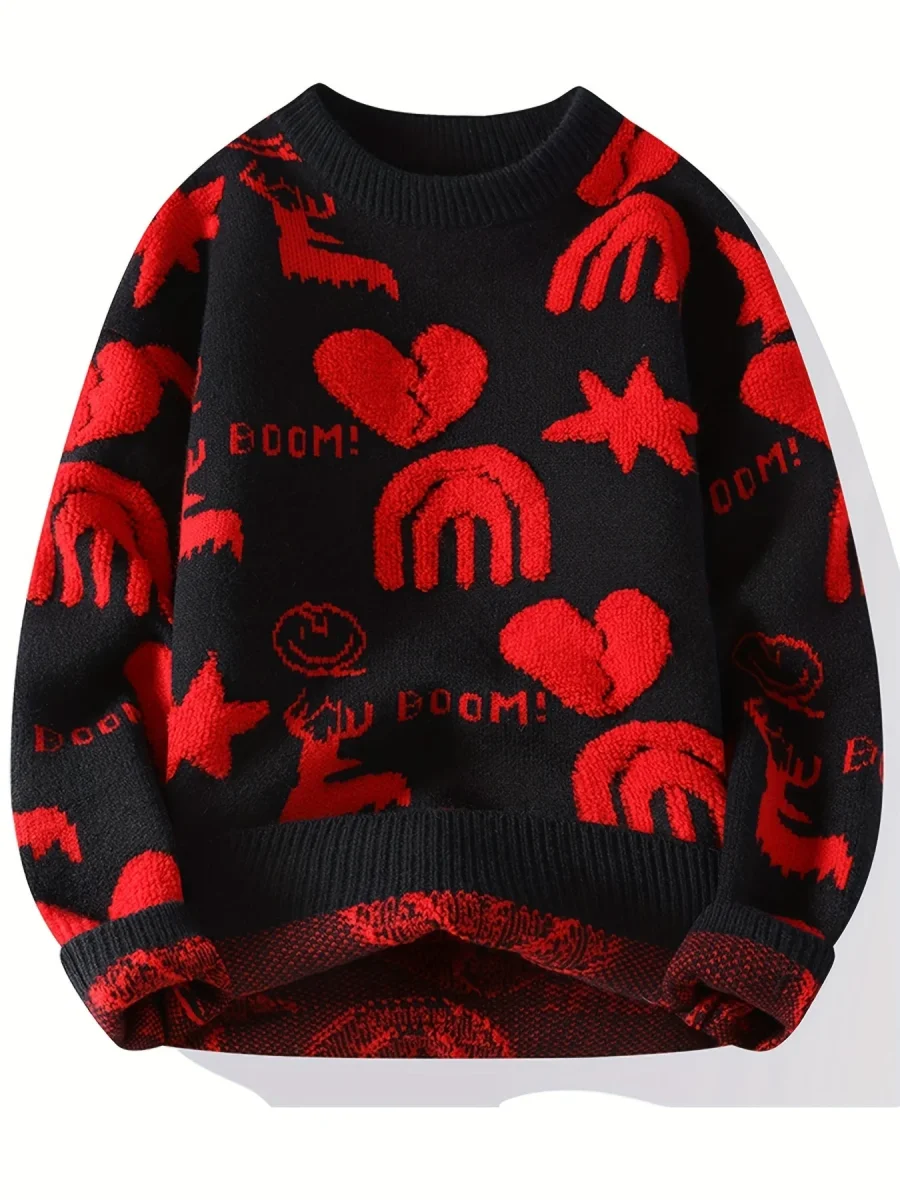 Pull tricoté col rond à motifs variés pour homme - Noir, Blanc ou Rouge - Imagen 3