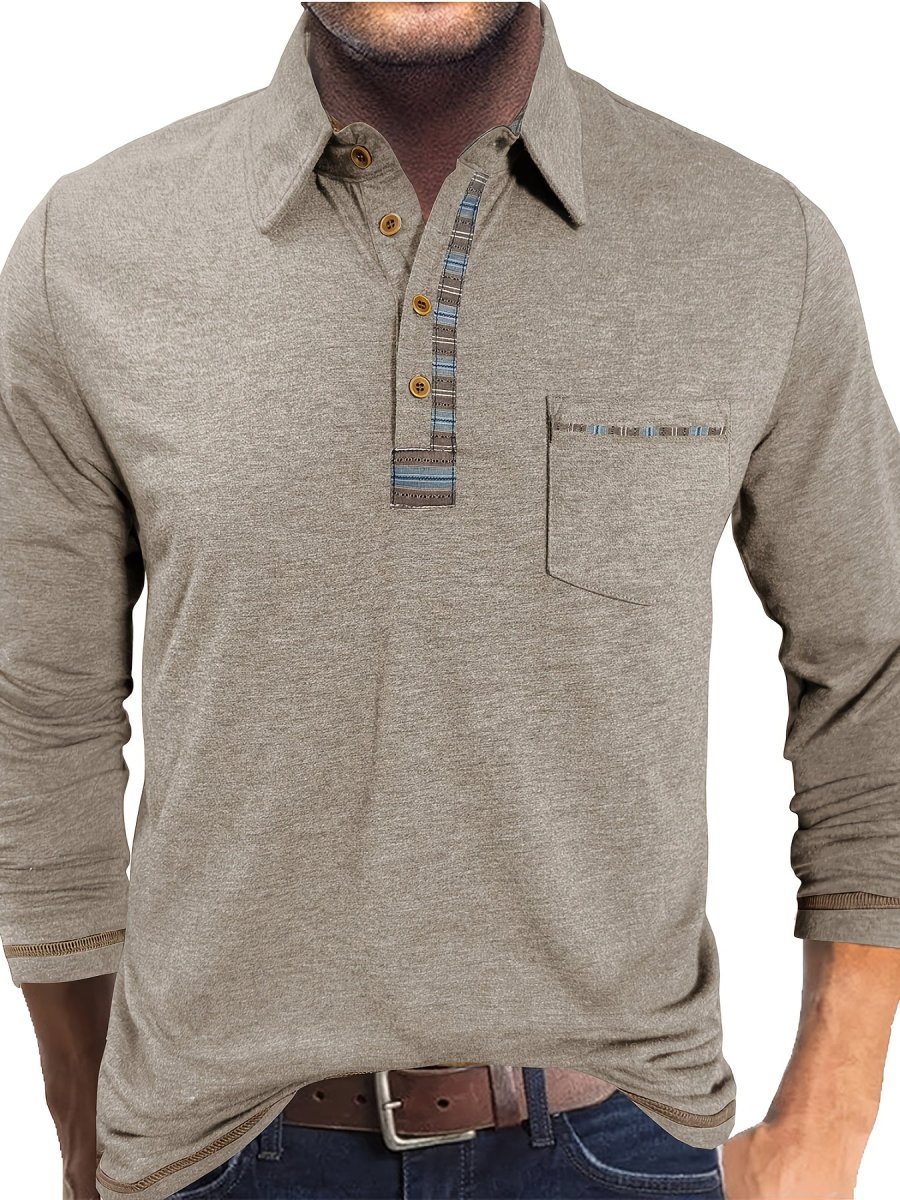 Polo Homme Manches Longues Détails Ethniques Boutons Beige - Imagen 2
