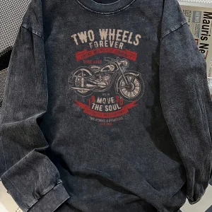 Haut à manches longues délavé gris anthracite avec imprimé moto graphique rétro