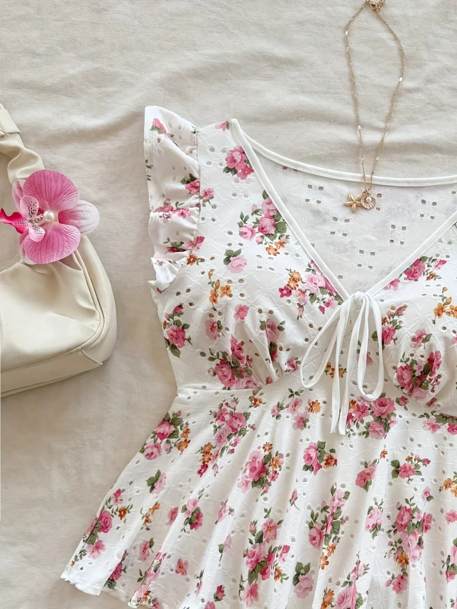 Blouse Femme Style Cottage Peplum à Imprimé Fleuri et Broderie Anglaise – Romantique, Manches Volants, Décolleté Noué - Imagen 6