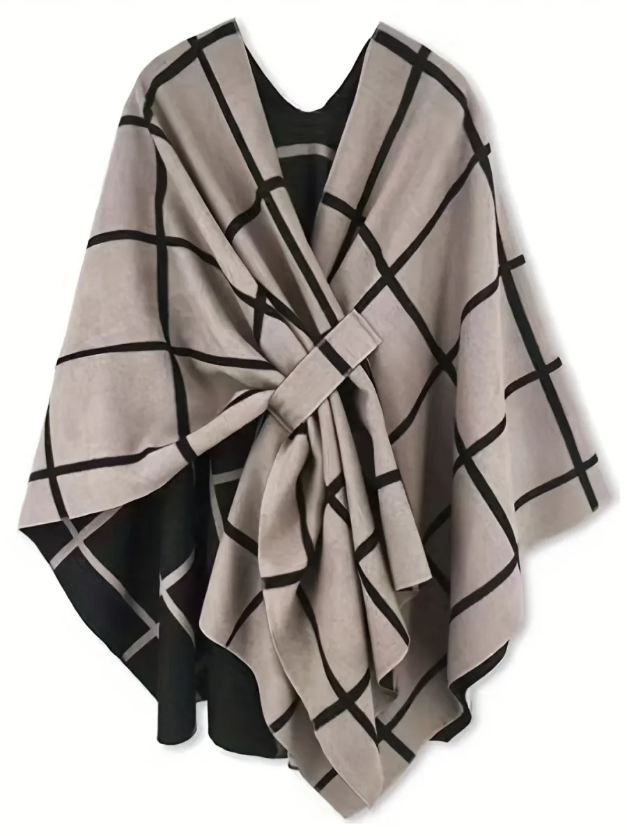 Poncho Réversible Femme Grille Noir et Beige Style Cape Élégante - Imagen 2