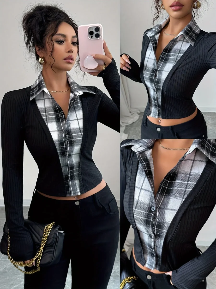 Haut femme effet superposé côtelé et carreaux noir et blanc - Imagen 3