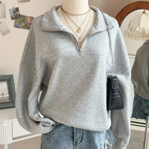 Sweatshirt Femme Col Zippé Gris à Manches Longues Doux