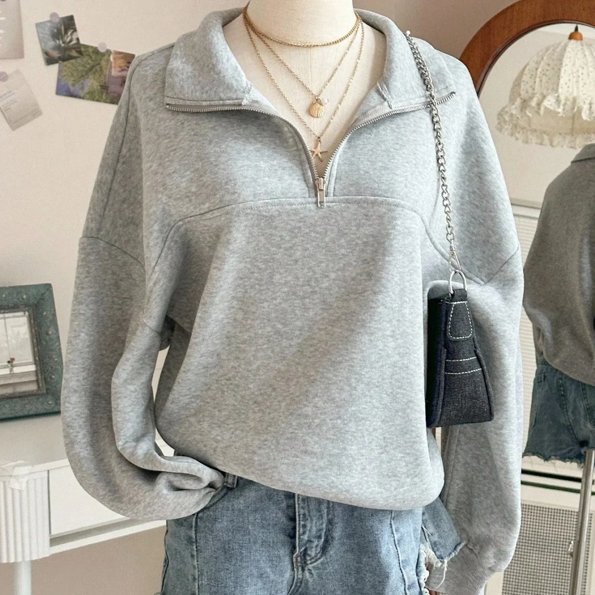Sweatshirt Femme Col Zippé Gris à Manches Longues Doux - Imagen 7