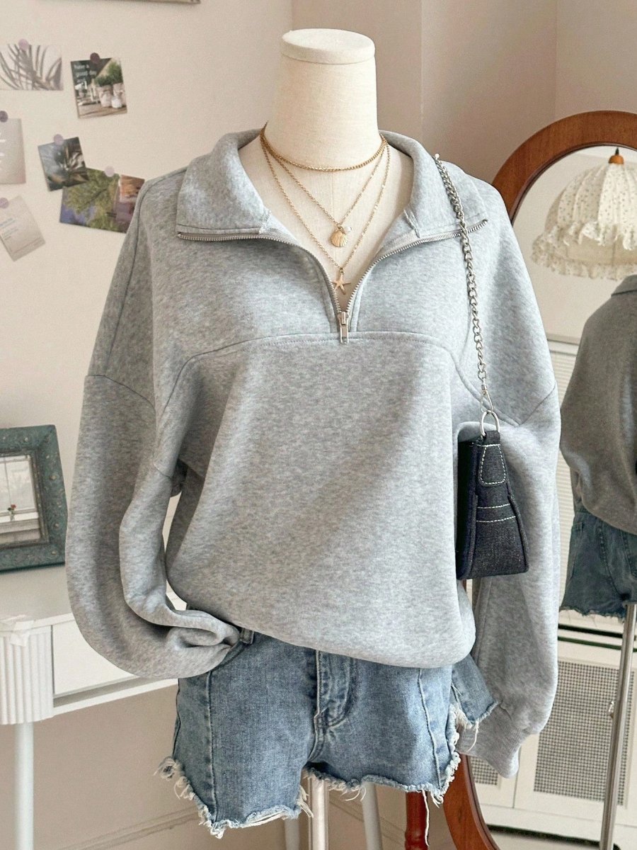 Sweatshirt Femme Col Zippé Gris à Manches Longues Doux - Imagen 2