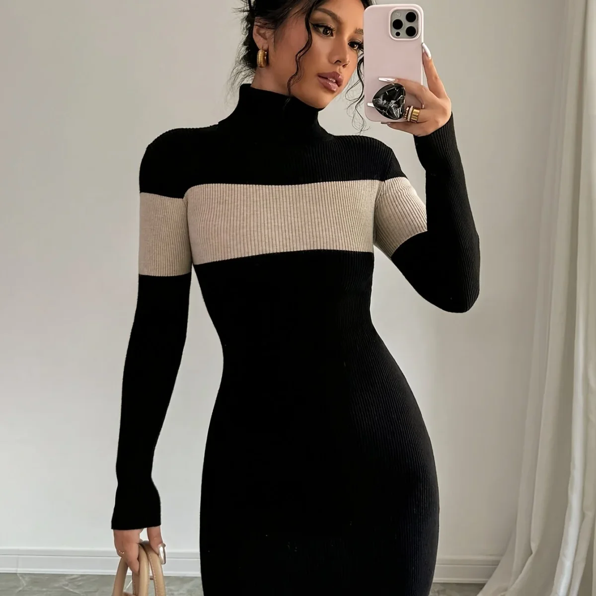 Robe pull moulante côtelée à col roulé femme bicolore noir et écru - Imagen 9