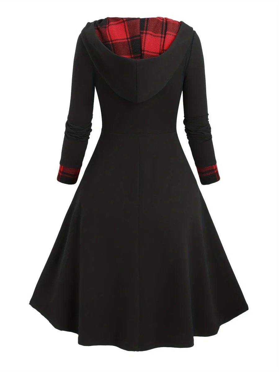 Robe à capuche femme asymétrique noire et à carreaux bicolores avec boutons décoratifs - Imagen 4