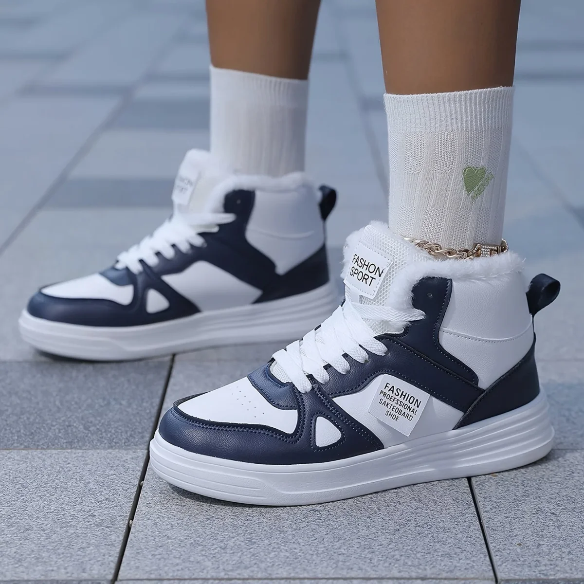Baskets montantes doublées pour l'hiver, tricolores ou unies, chaudes et confortables - Imagen 7