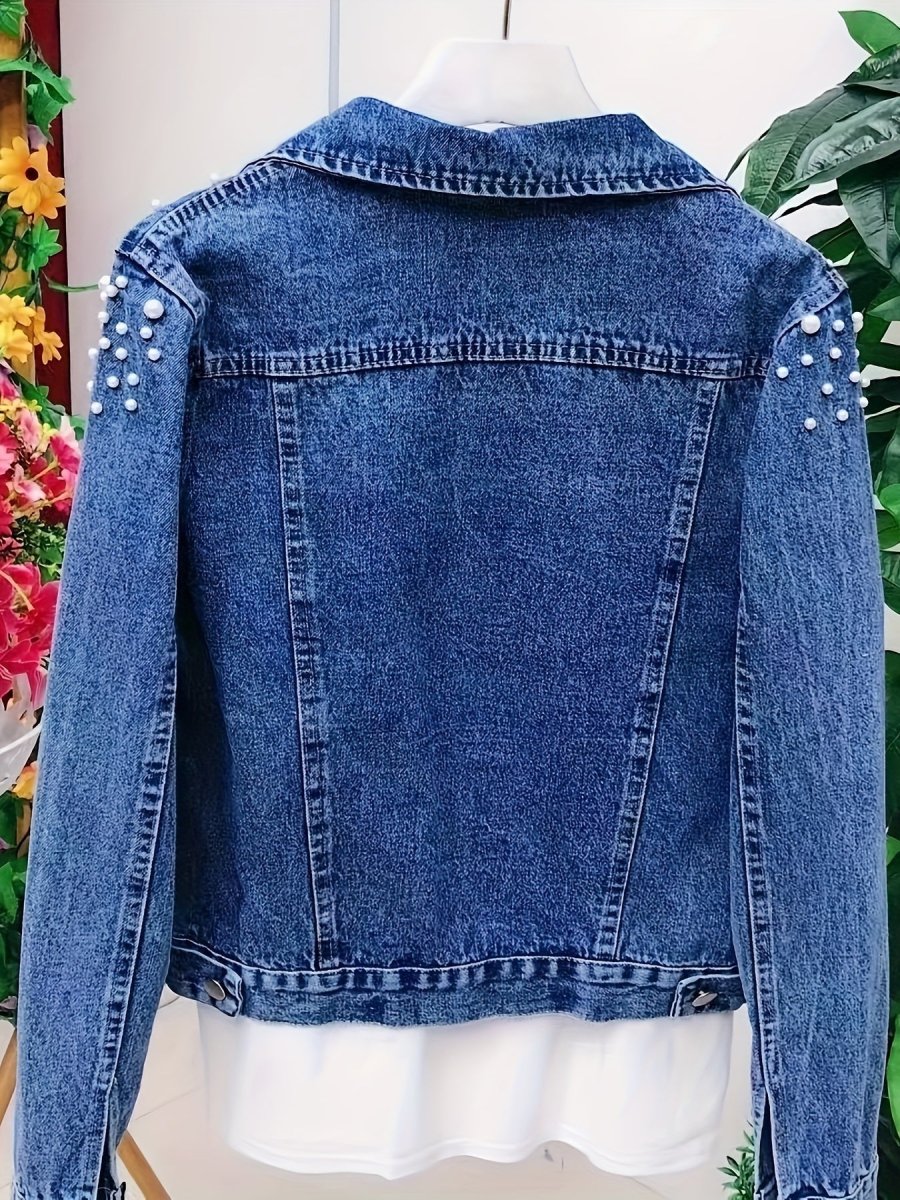 Veste en jean femme bleue brodée de perles et ornements - Imagen 3
