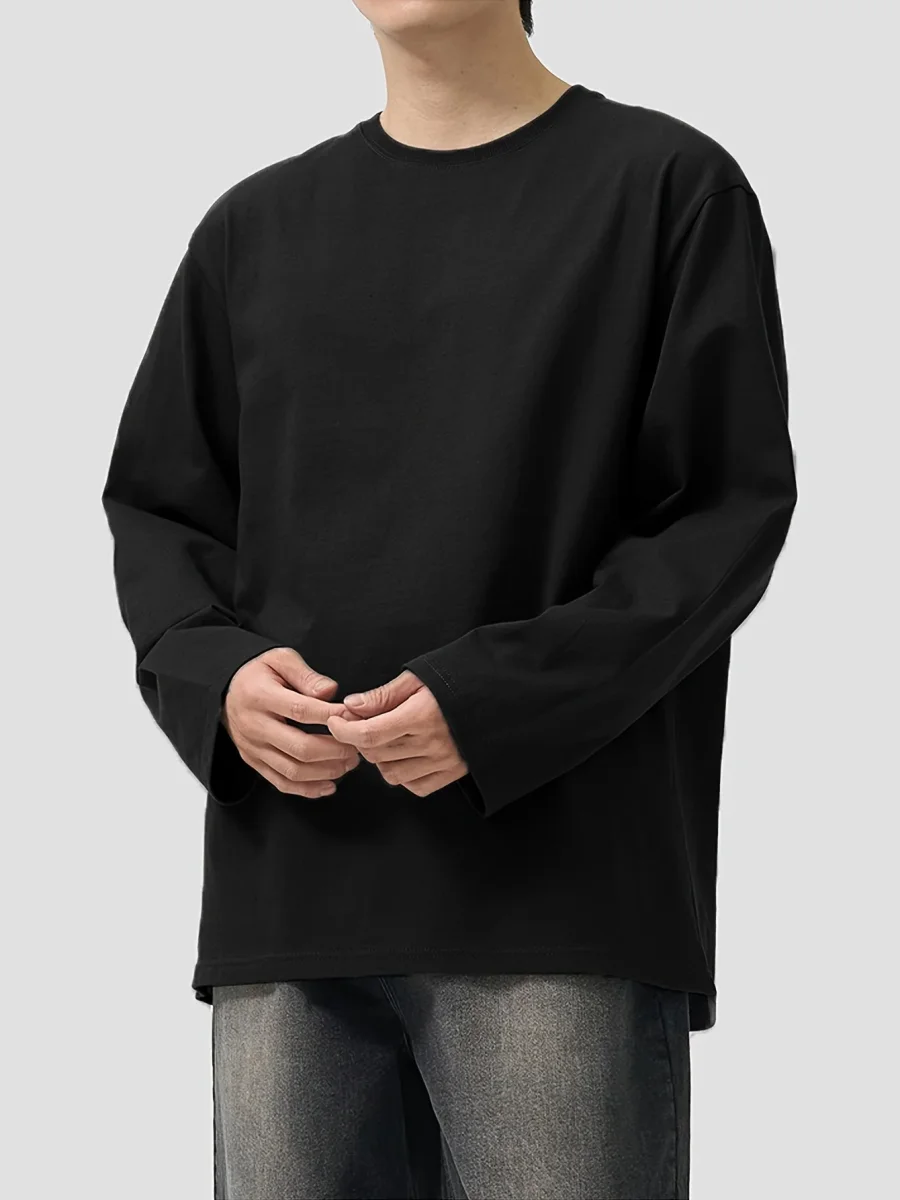 T-shirt Homme Manches Longues Uni Col Rond Ample Noir ou Blanc - Imagen 3