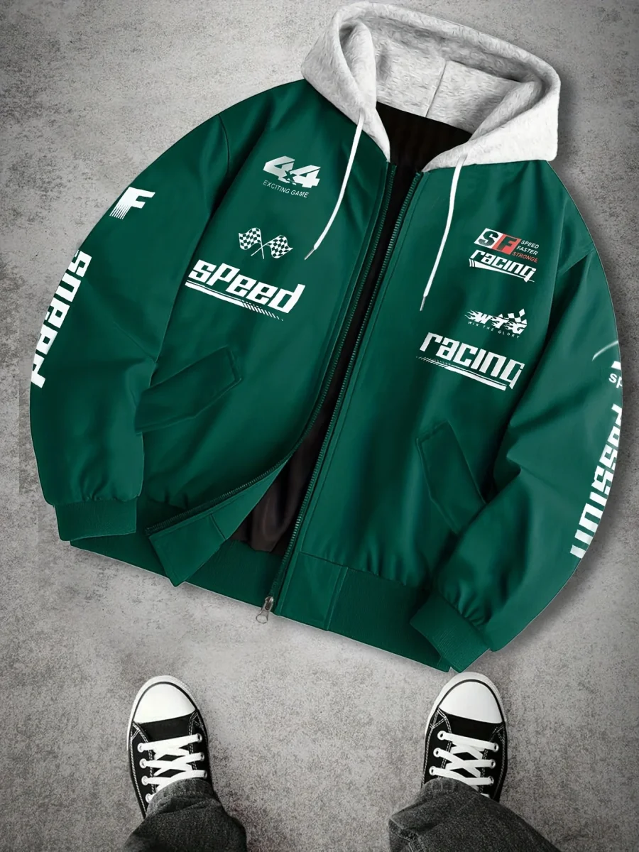Blouson Bomber Homme Capuche Amovible Zippé avec Imprimés Racing Vert Clair - Imagen 8