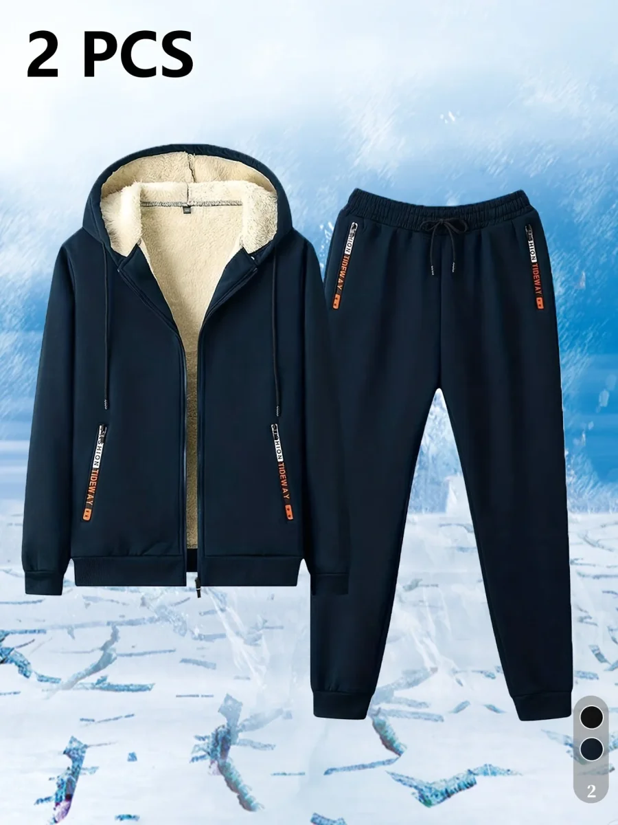 Ensemble Survêtement Homme Capuche Doublure Sherpa Hiver Chaud Bleu Marine - Imagen 3