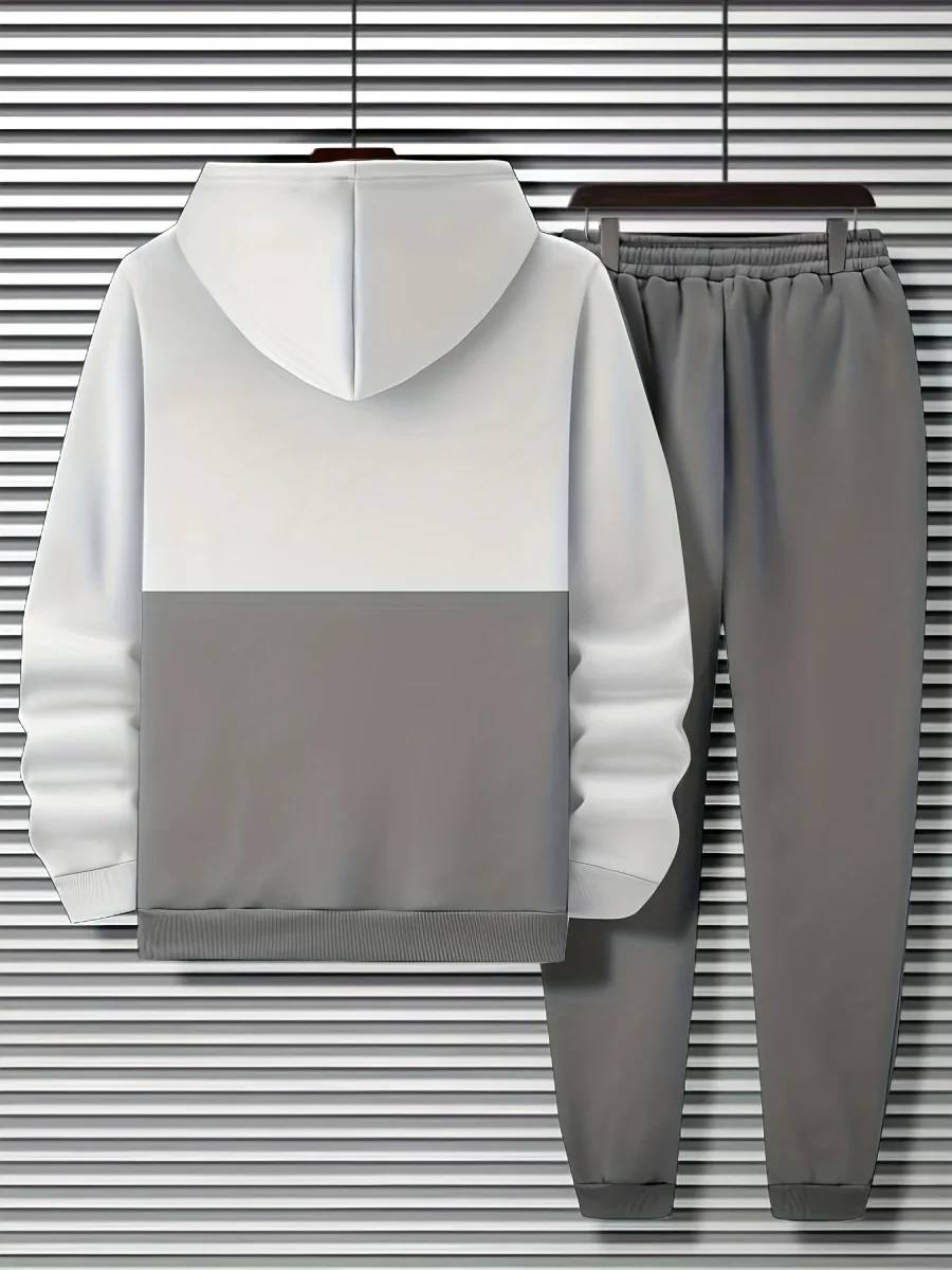 Ensemble Survêtement Homme Bicolore à Capuche et Bandes Horizontales Gris et Noir - Imagen 5