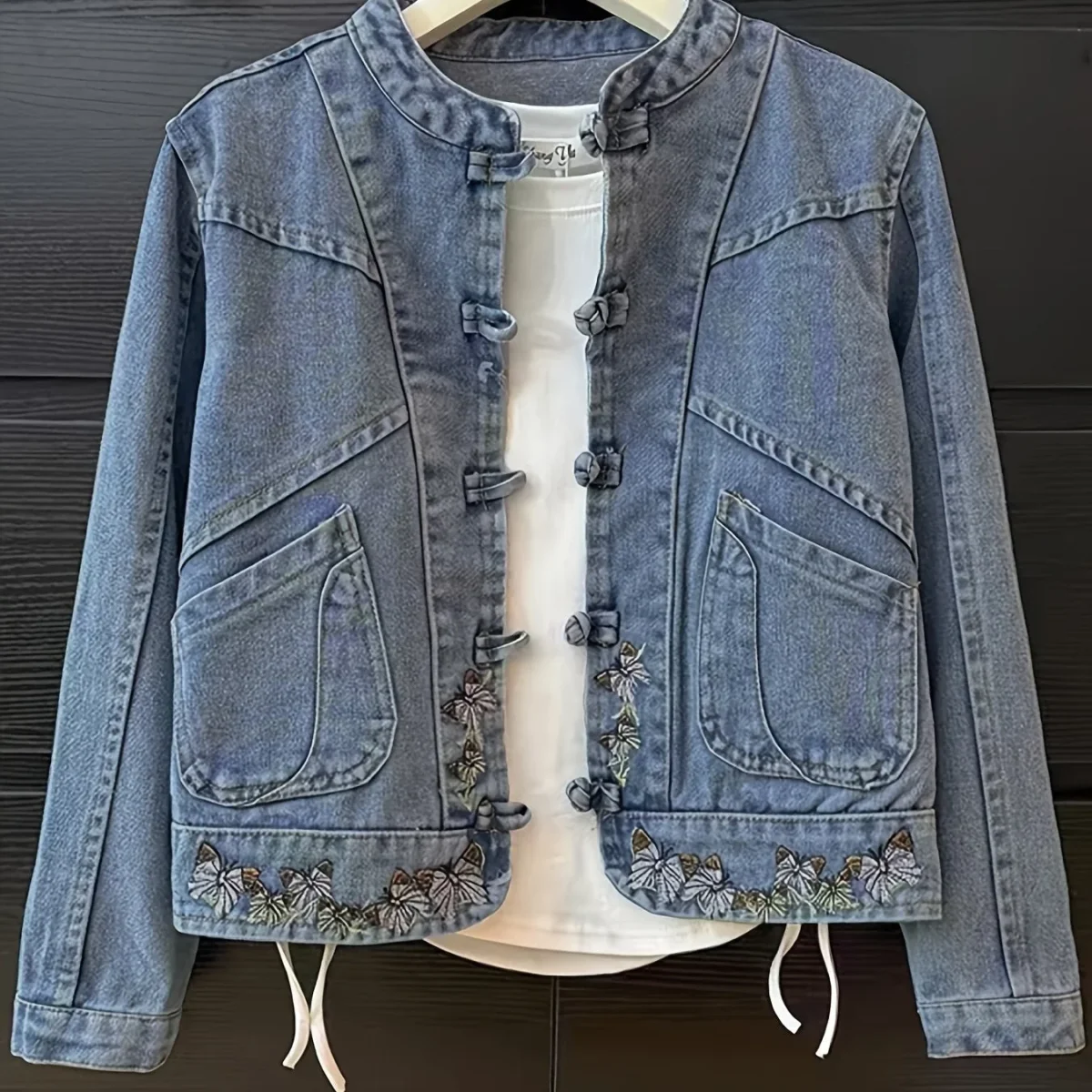 Veste en Jean Femme Col Mandarin Boutons Brandebourg Broderie Papillons - Imagen 7