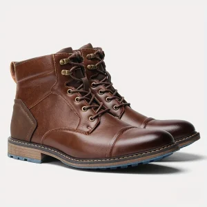 Bottes montantes pour homme marron avec lacets et semelle bleue contrastante