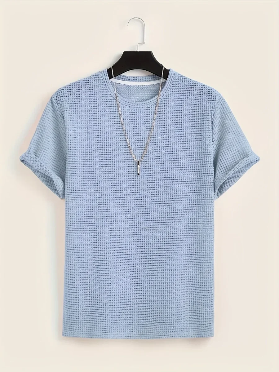 T-shirt décontracté à manches courtes pour homme style moderne avec texture ajourée - Imagen 4