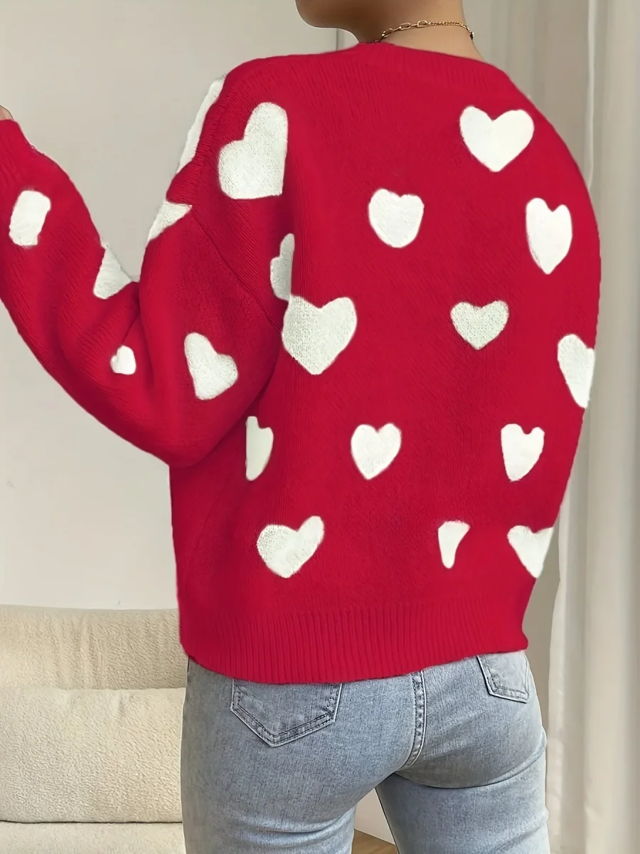 Pull col rond ample en maille blanc avec cœurs beiges - Imagen 8