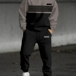 Ensemble Survêtement Homme Bicolore à Capuche et Bandes Horizontales Gris et Noir