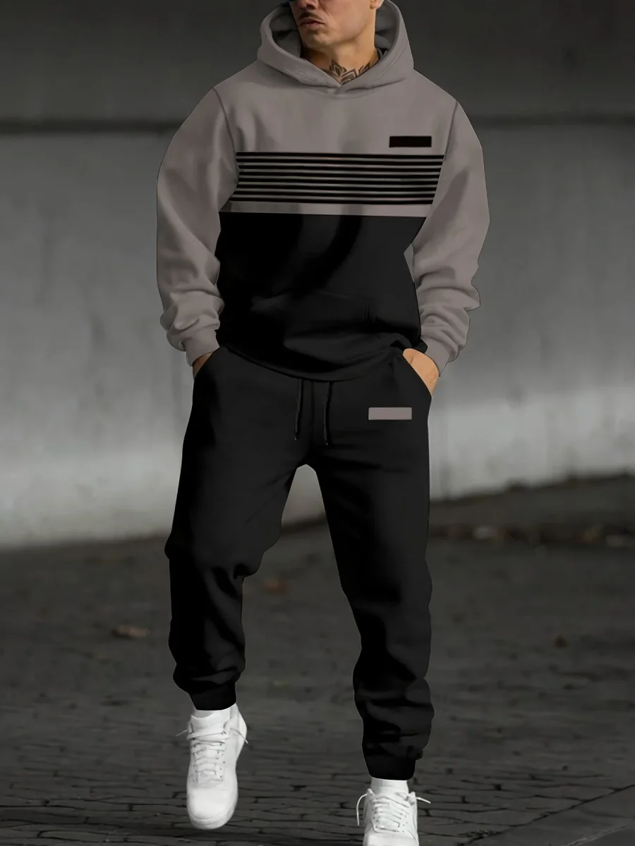 Ensemble Survêtement Homme Bicolore à Capuche et Bandes Horizontales Gris et Noir - Imagen 2