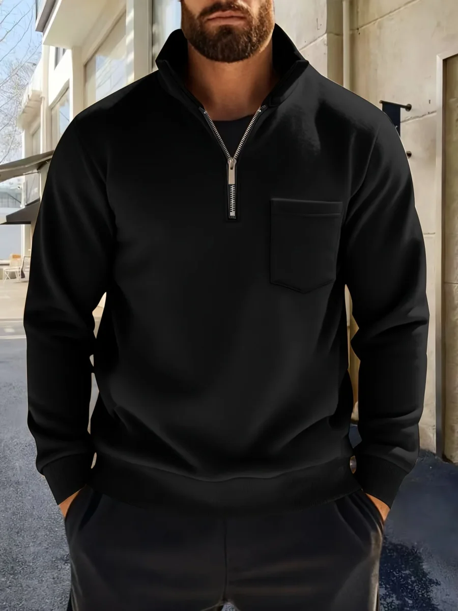 Sweat-shirt Homme Col Montant Zippé avec Poche Poitrine Couleur Unie - Imagen 5