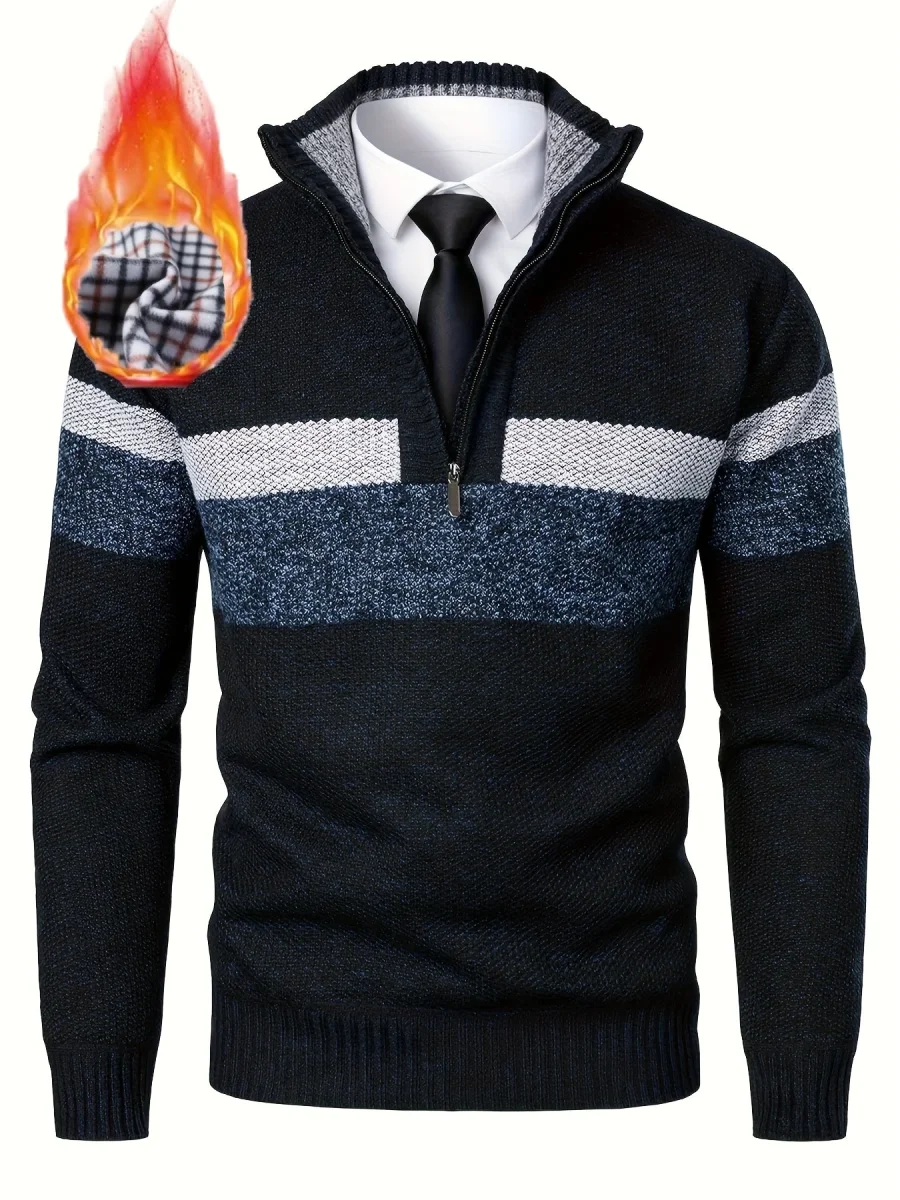 Pull homme tricoté à rayures, col montant zippé, doublure polaire beige et marron - Imagen 6