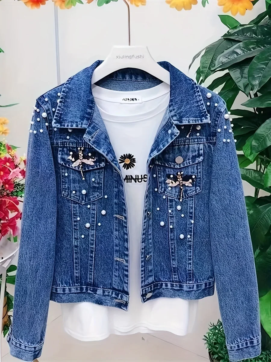 Veste en jean femme bleue brodée de perles et ornements - Imagen 2