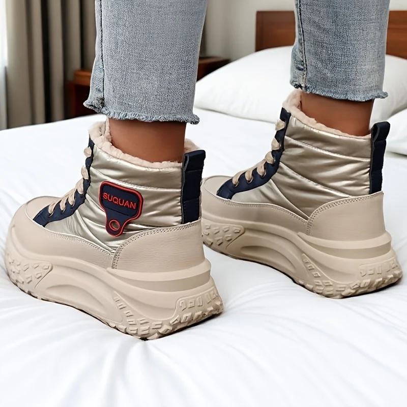 Bottes montantes femme fourrées crème brillantes lacets semelle épaisse - Imagen 9