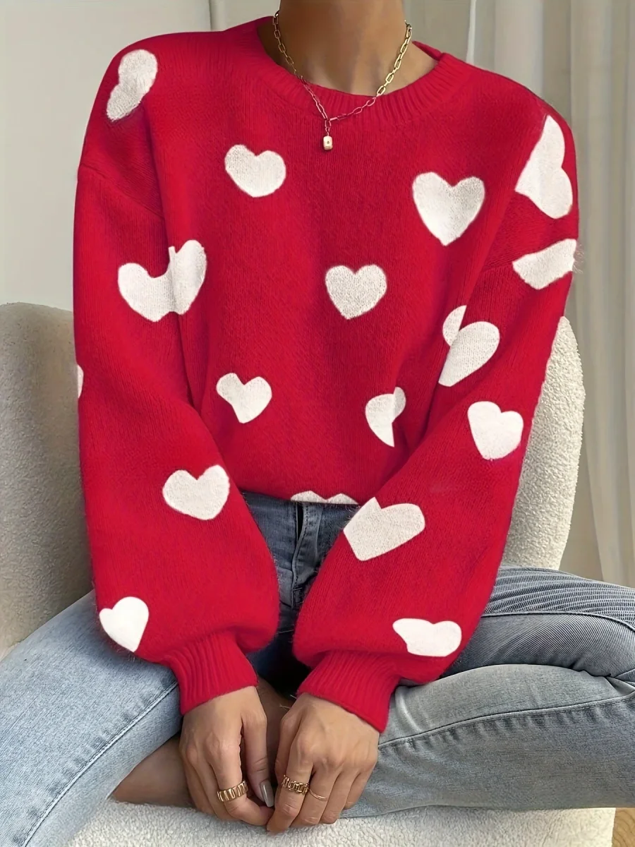 Pull col rond ample en maille blanc avec cœurs beiges - Imagen 3