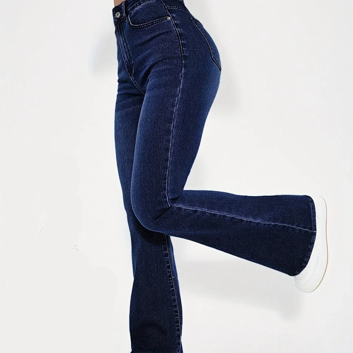 Jean évasé taille haute bleu foncé doublé matière douce pour femme - Imagen 7