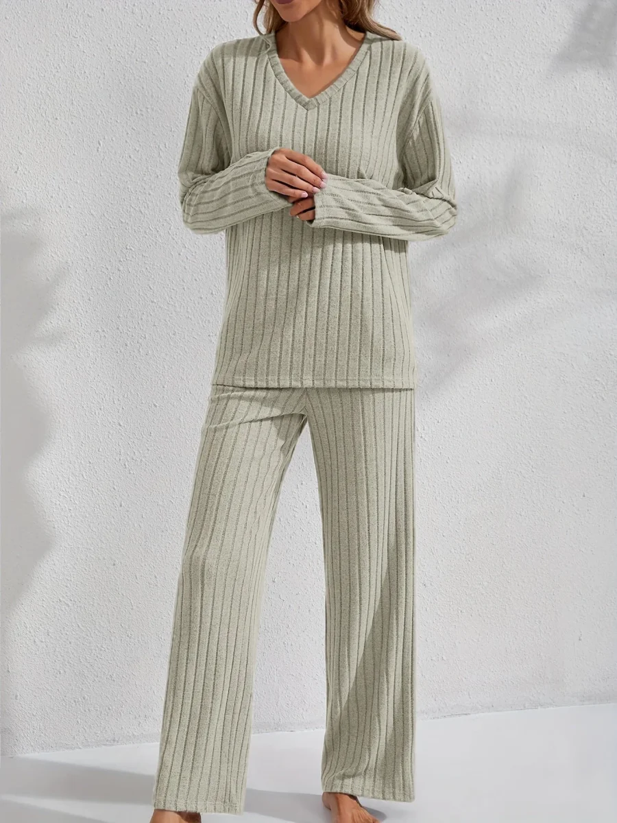 Ensemble détente côtelé Femme col V, pantalon large et haut manches longues - Imagen 9