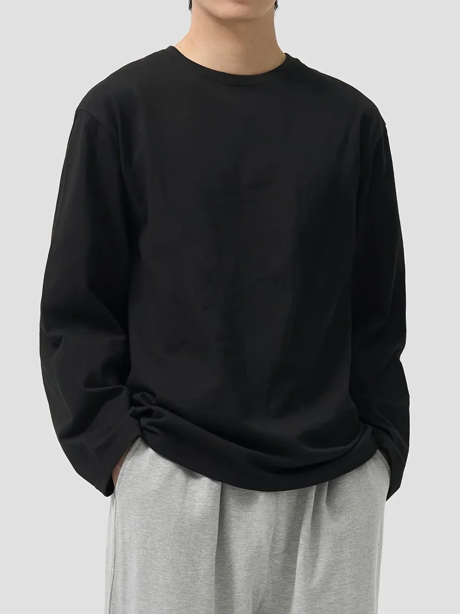 T-shirt Homme Manches Longues Uni Col Rond Ample Noir ou Blanc