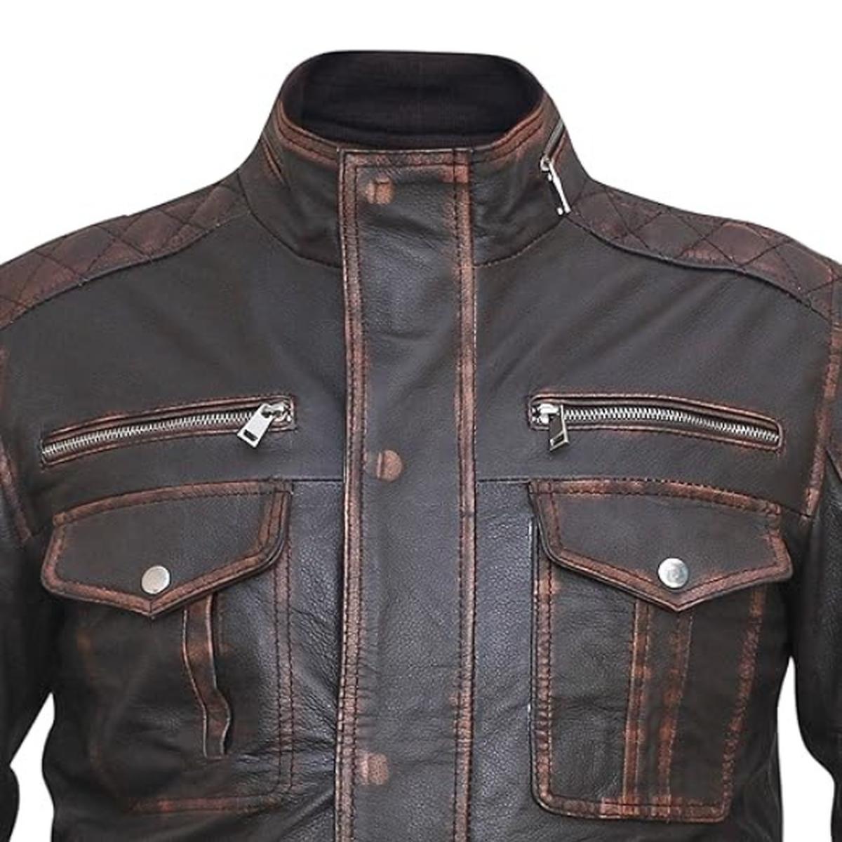 Chaqueta vintage de cuero auténtico para hombre, seis bolsillos, marrón oscuro, efecto desgastado. - Imagen 4