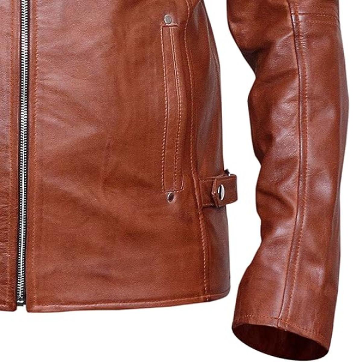 Chaqueta de hombre de cuero genuino marrón estilo café racer. – con Cuello Alto - Imagen 4