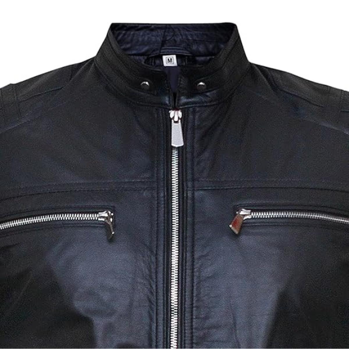 Chaqueta de hombre de cuero genuino negro estilo café racer. – con Cuello Alto - Imagen 4