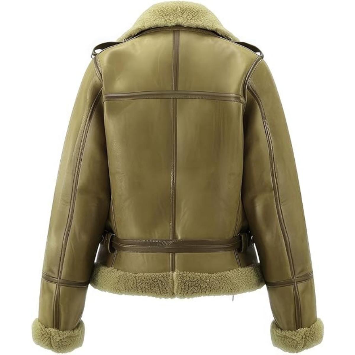 Chaqueta de aviador para mujer en auténtica piel de oveja verde oliva con forro de piel de oveja. - Imagen 4