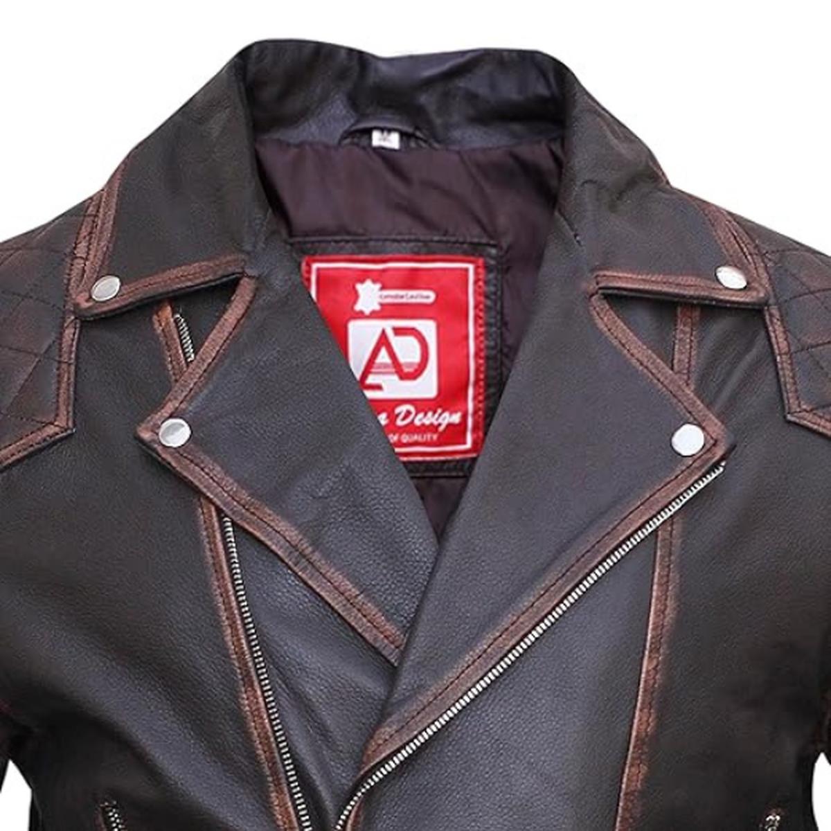Chaqueta de cuero genuino para hombre, estilo motero clásico vintage. - Imagen 4