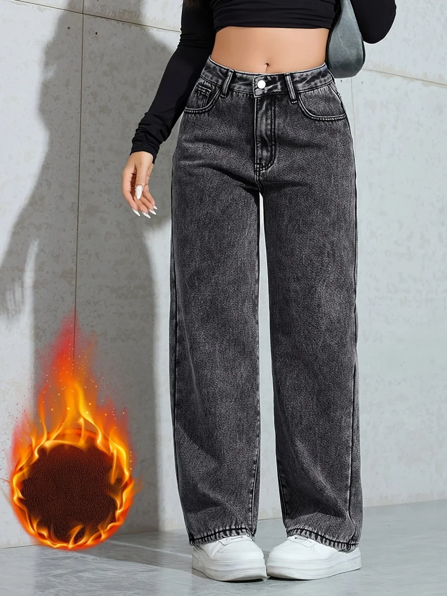Jean large délavé femme doublé marron taille haute - Imagen 9