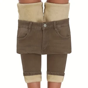 Pantalon doublé polaire pour femme marron, coupe slim, taille haute