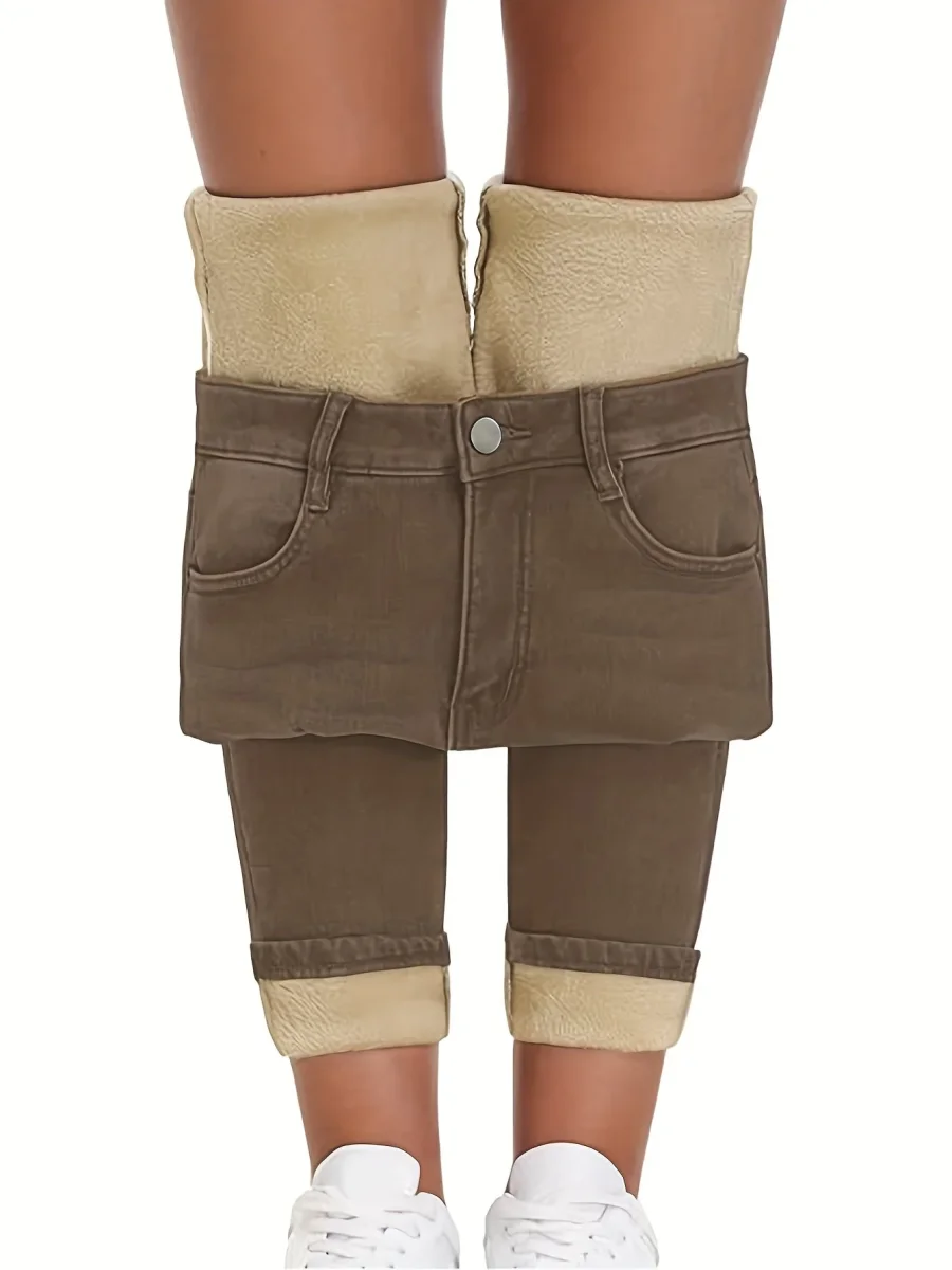 Pantalon doublé polaire pour femme marron, coupe slim, taille haute