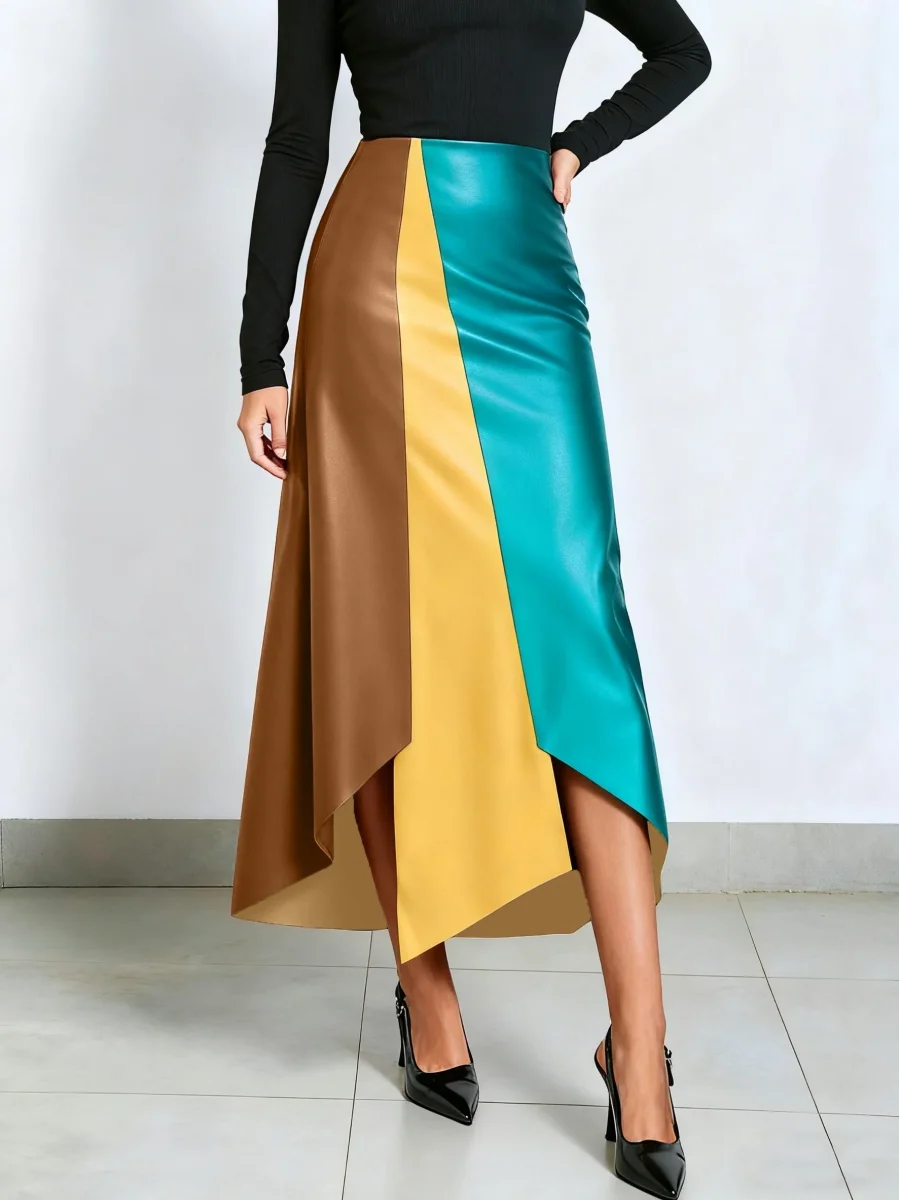 Jupe longue asymétrique femme à blocs de couleurs finition brillante - Imagen 6