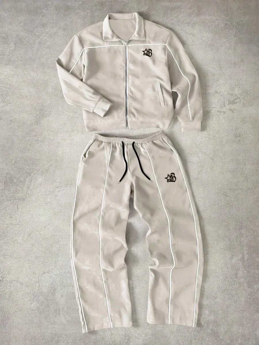 Ensemble de Survetement Homme Zip Complet à Rayures Contrastantes et Emblème Brodé - Imagen 4