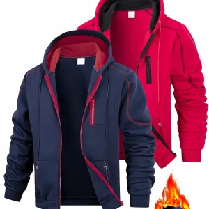 Lot de 2 Hoodies Homme Zippés Bicolores Chauds avec Capuche et Poches
