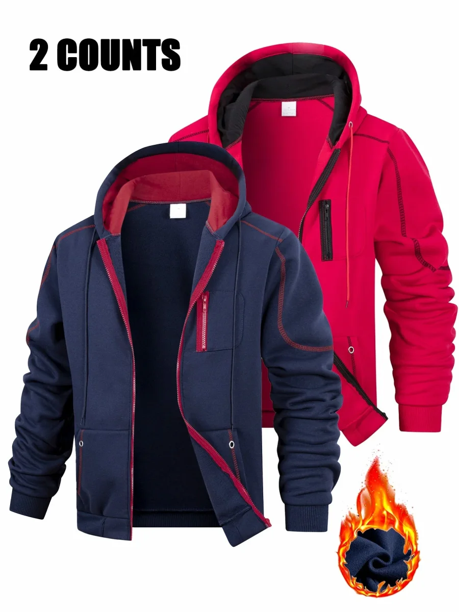 Lot de 2 Hoodies Homme Zippés Bicolores Chauds avec Capuche et Poches - Imagen 2
