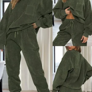 Ensemble Homme Femme Doux Texturé Vert Olive avec Poches