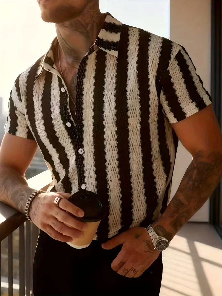 Chemise Resort Homme à Manches Courtes Style Moderne – Rayures Verticales, Look Urbain Décontracté - Imagen 4
