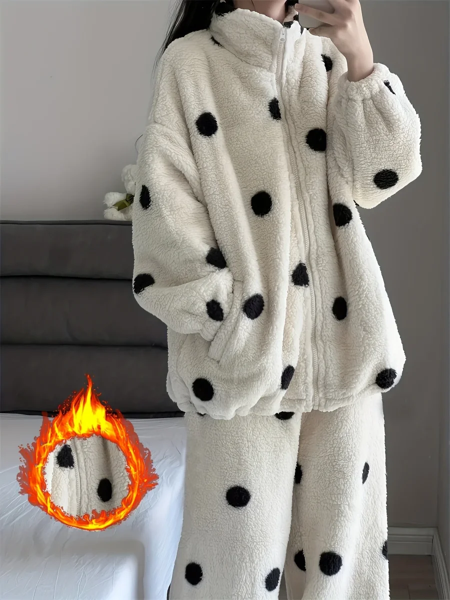 Pyjama Femme Doux Polaire Motif Pois Manches Longues Zip Intégral - Imagen 9